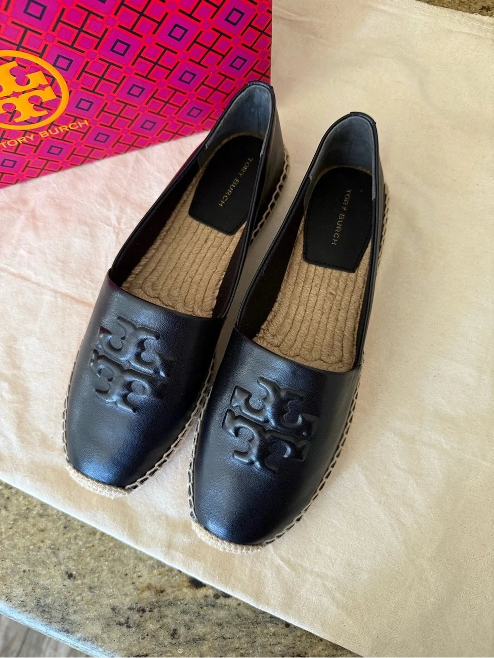 Tory Burch Black Leather Espadrille Flats with Braided Jute Trim